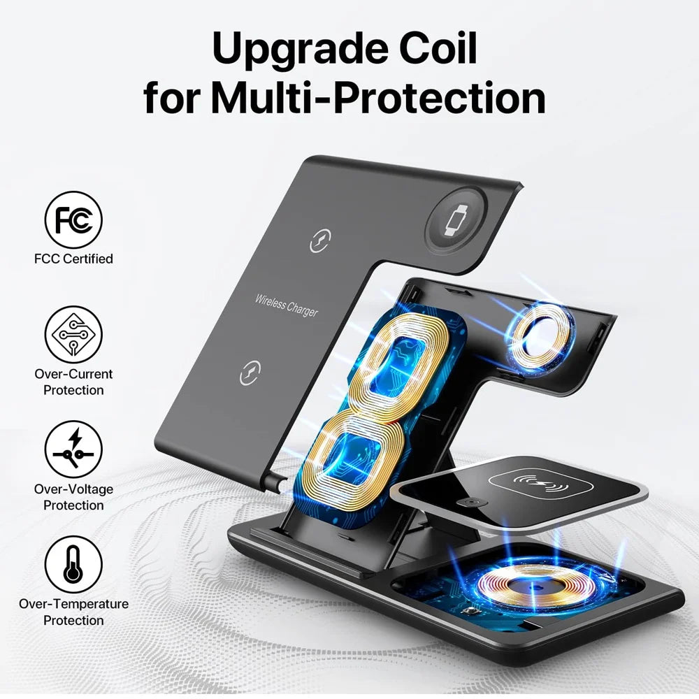 LED Fast Wireless Charger Stand 3 in 1 Foldable Charging Station For iPhone17/16/15/14Apple Watch 9 8 7 6 5 Airpods Pro