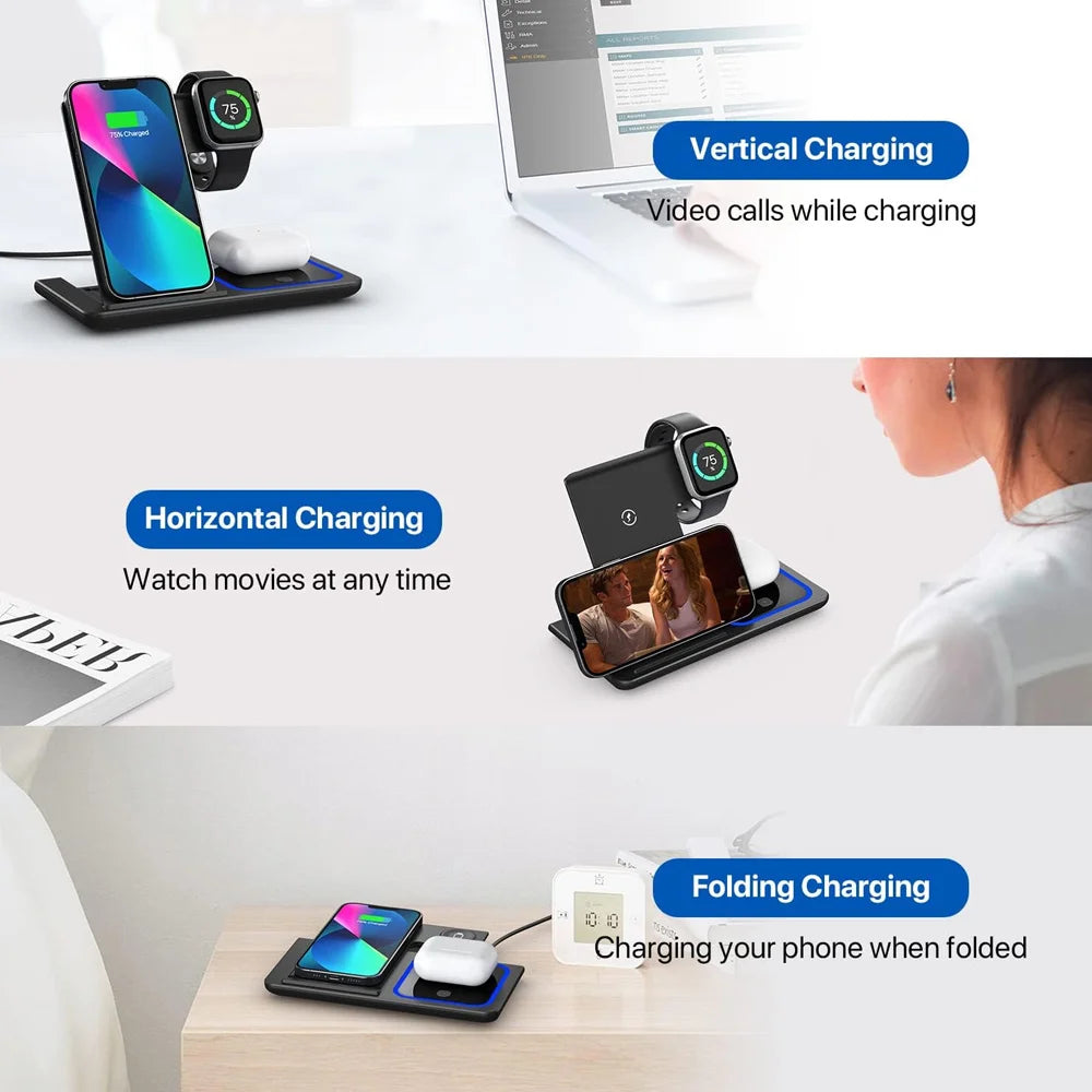 LED Fast Wireless Charger Stand 3 in 1 Foldable Charging Station For iPhone17/16/15/14Apple Watch 9 8 7 6 5 Airpods Pro